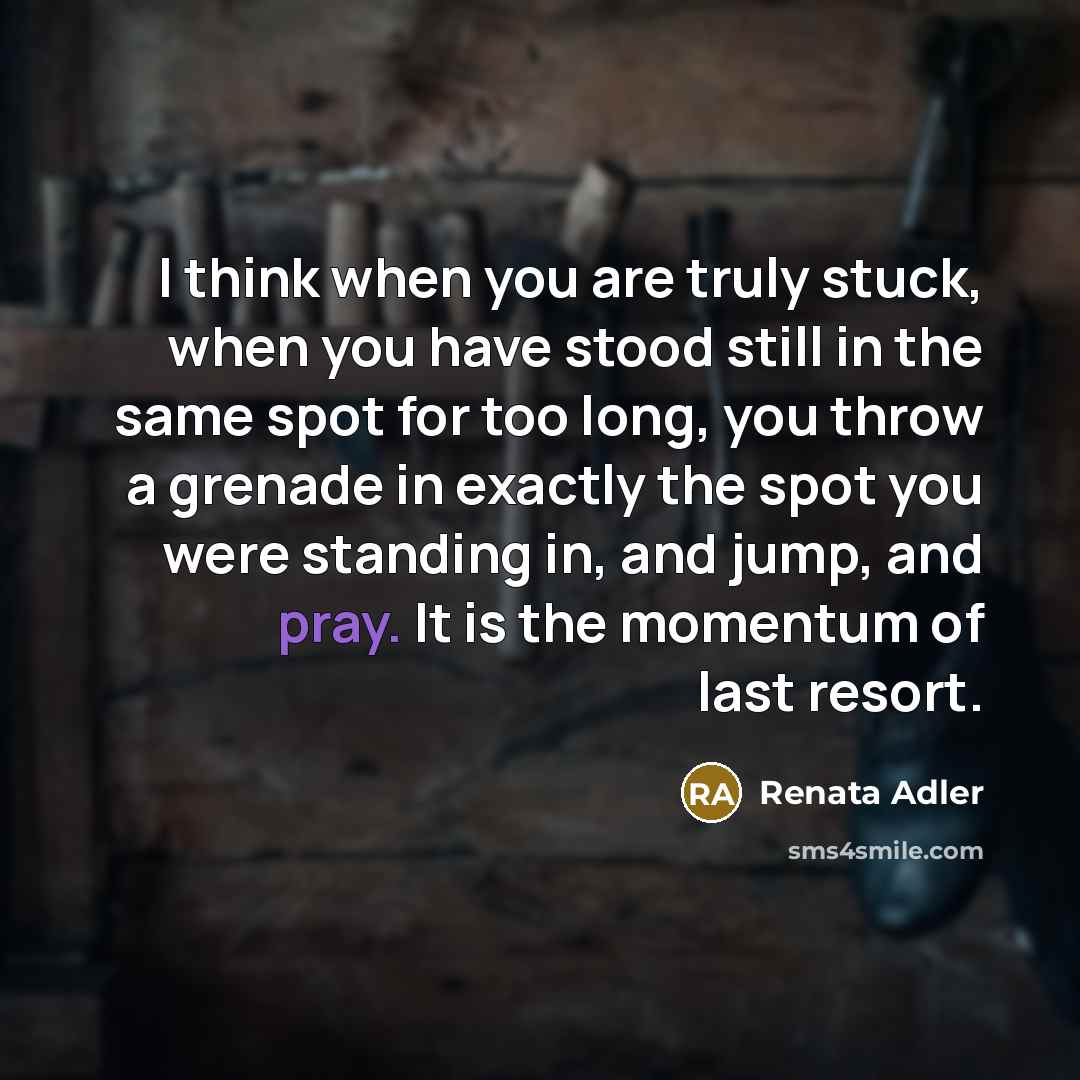 “I think when you are truly stuck, when you have stood still in the same spot for too long, you throw a grenade in exactly the spot you were standing in, and jump, and pray. It is the momentum of last resort.” quote by Renata Adler