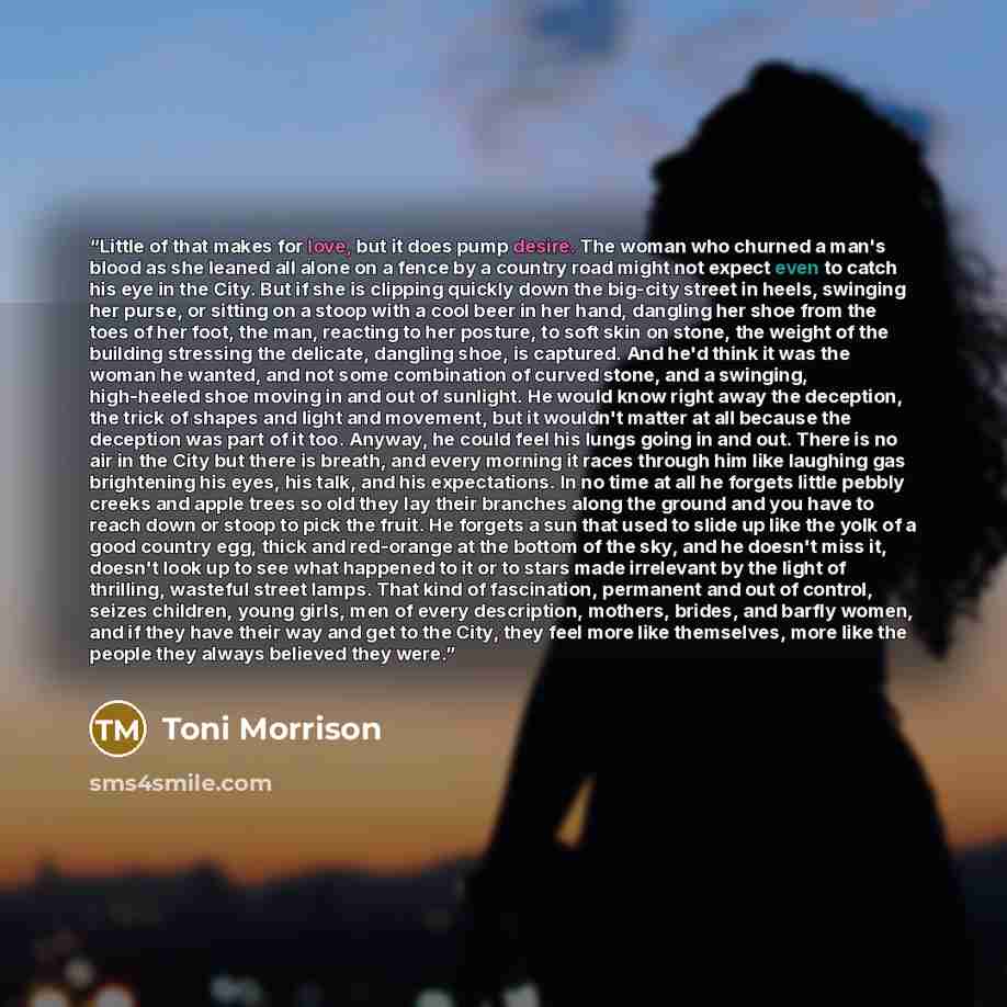 “Little of that makes for love, but it does pump desire. The woman who churned a man's blood as she leaned all alone on a fence by a country road might not expect even to catch his eye in the City. But if she is clipping quickly down the big-city street in heels, swinging her purse, or sitting on a…” quote by Toni Morrison