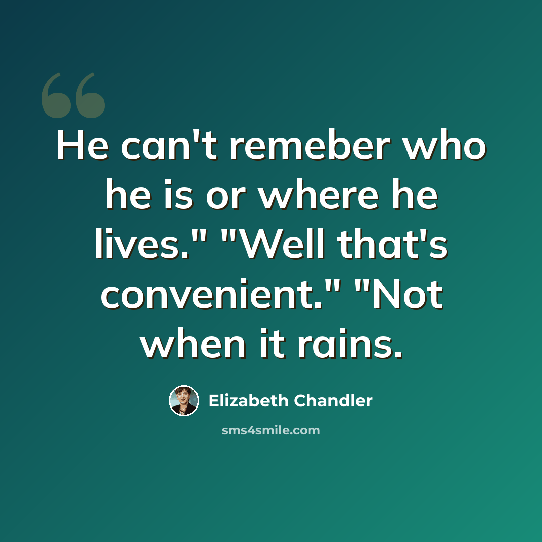 “He can't remeber who he is or where he lives." "Well that's convenient." "Not when it rains.” quote by Elizabeth Chandler