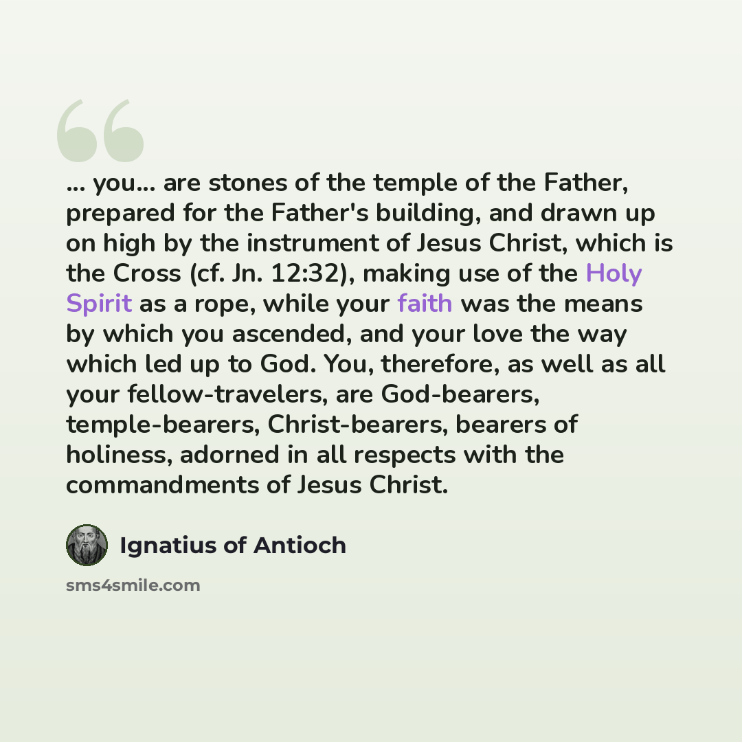 “... you... are stones of the temple of the Father, prepared for the Father's building, and drawn up on high by the instrument of Jesus Christ, which is the Cross (cf. Jn. 12:32), making use of the Holy Spirit as a rope, while your faith was the means by which you ascended, and your love the way…” quote by Ignatius of Antioch