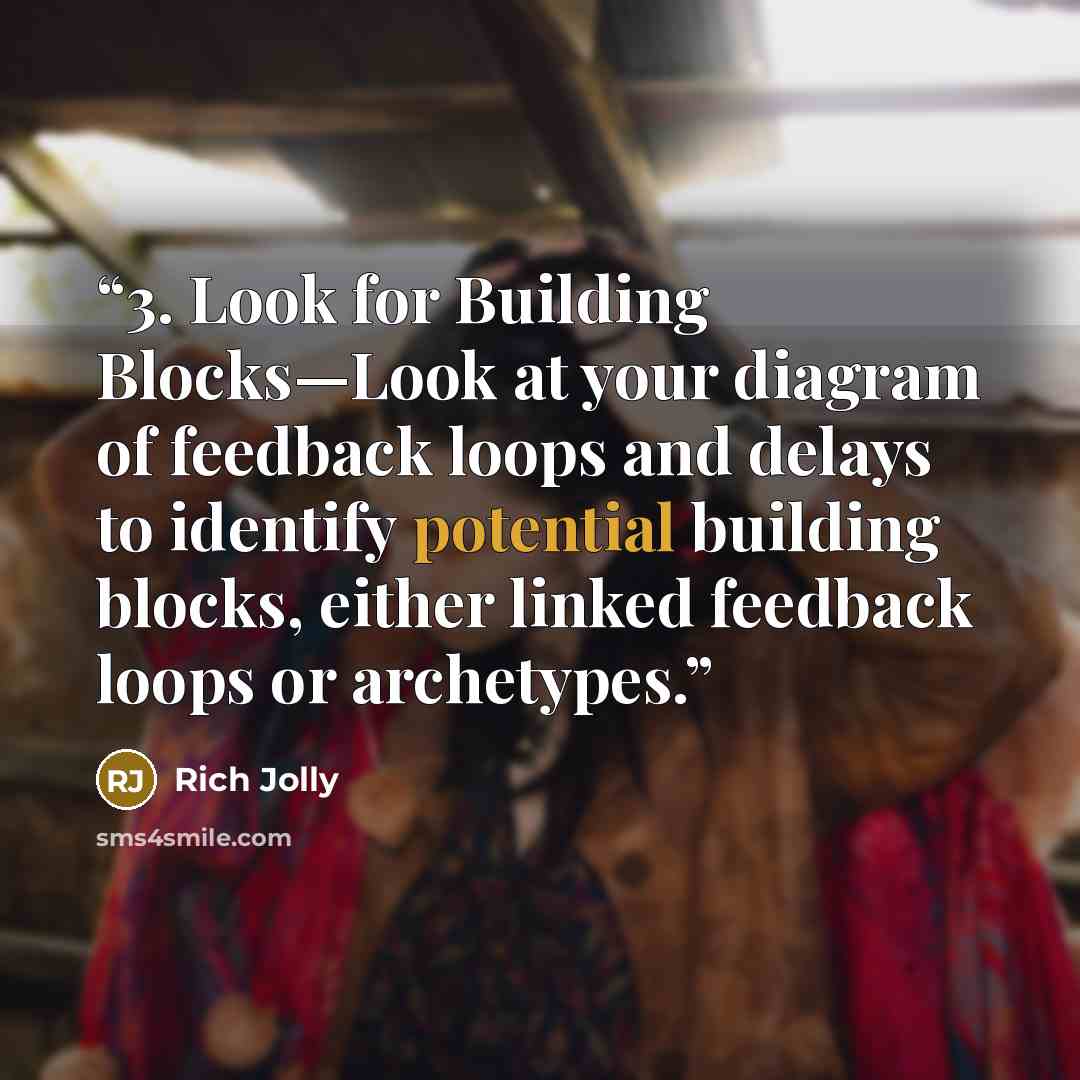 “3. Look for Building Blocks—Look at your diagram of feedback loops and delays to identify potential building blocks, either linked feedback loops or archetypes.” quote by Rich Jolly
