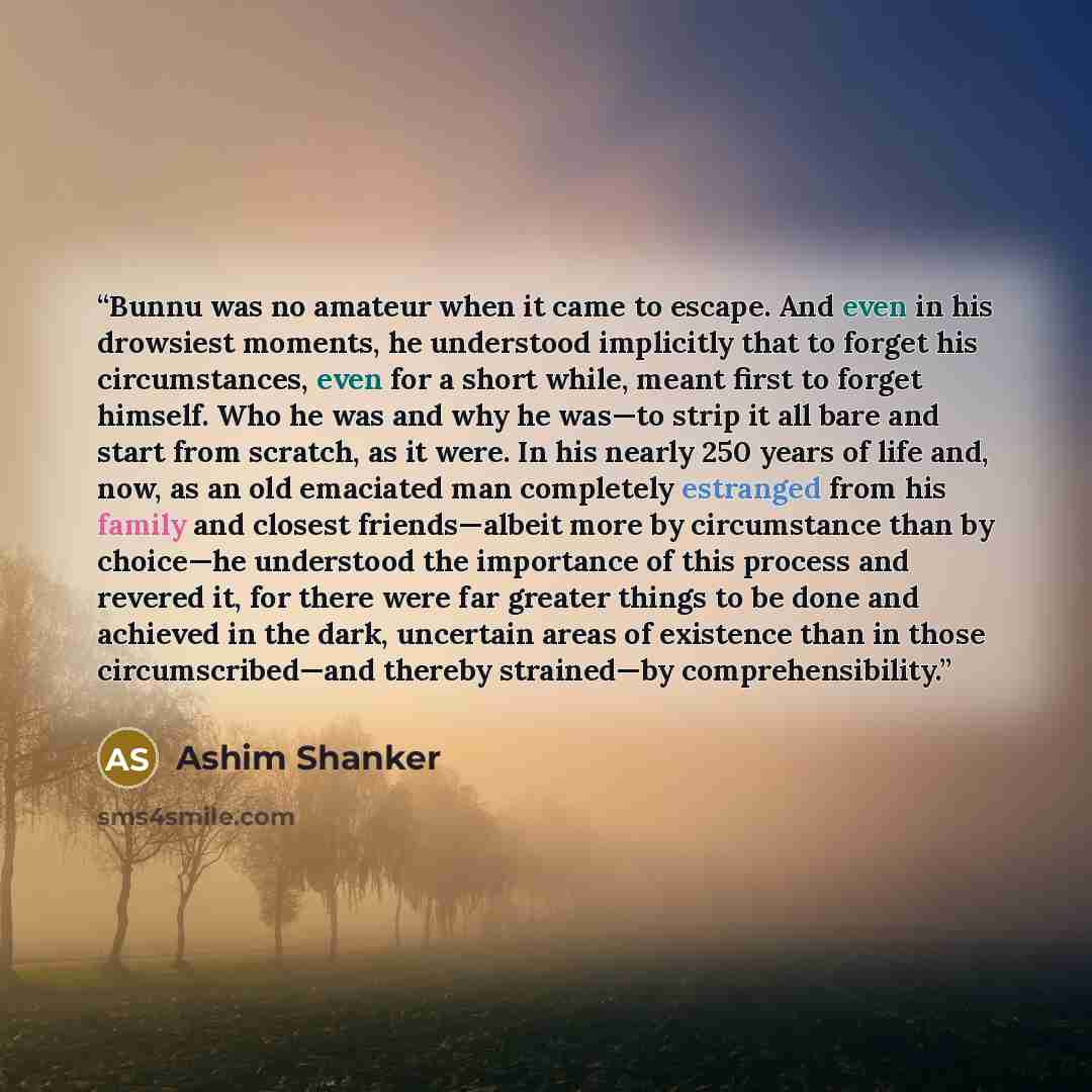 “Bunnu was no amateur when it came to escape. And even in his drowsiest moments, he understood implicitly that to forget his circumstances, even for a short while, meant first to forget himself. Who he was and why he was—to strip it all bare and start from scratch, as it were. In his nearly 250…” quote by Ashim Shanker