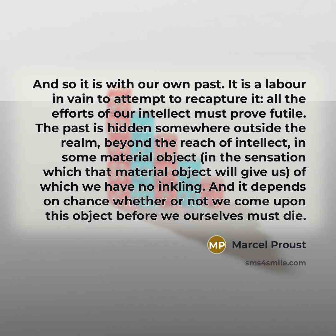 “And so it is with our own past. It is a labour in vain to attempt to recapture it: all the efforts of our intellect must prove futile. The past is hidden somewhere outside the realm, beyond the reach of intellect, in some material object (in the sensation which that material object will give us)…” quote by Marcel Proust
