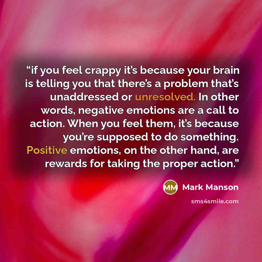“if you feel crappy it’s because your brain is telling you that there’s a problem that’s unaddressed or unresolved. In other words, negative emotions are a call to action. When you feel them, it’s because you’re supposed to do something. Positive emotions, on the other hand, are rewards for taking…” quote by Mark Manson