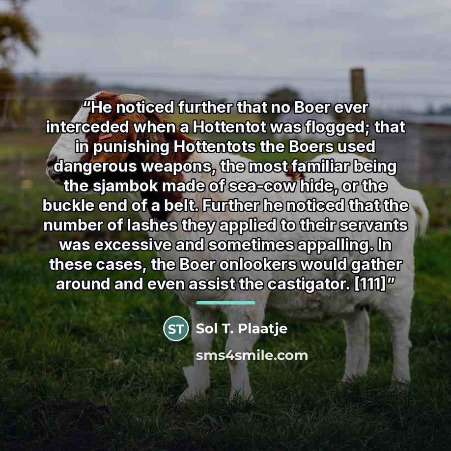 “He noticed further that no Boer ever interceded when a Hottentot was flogged; that in punishing Hottentots the Boers used dangerous weapons, the most familiar being the sjambok made of sea-cow hide, or the buckle end of a belt. Further he noticed that the number of lashes they applied to their…” quote by Sol T. Plaatje