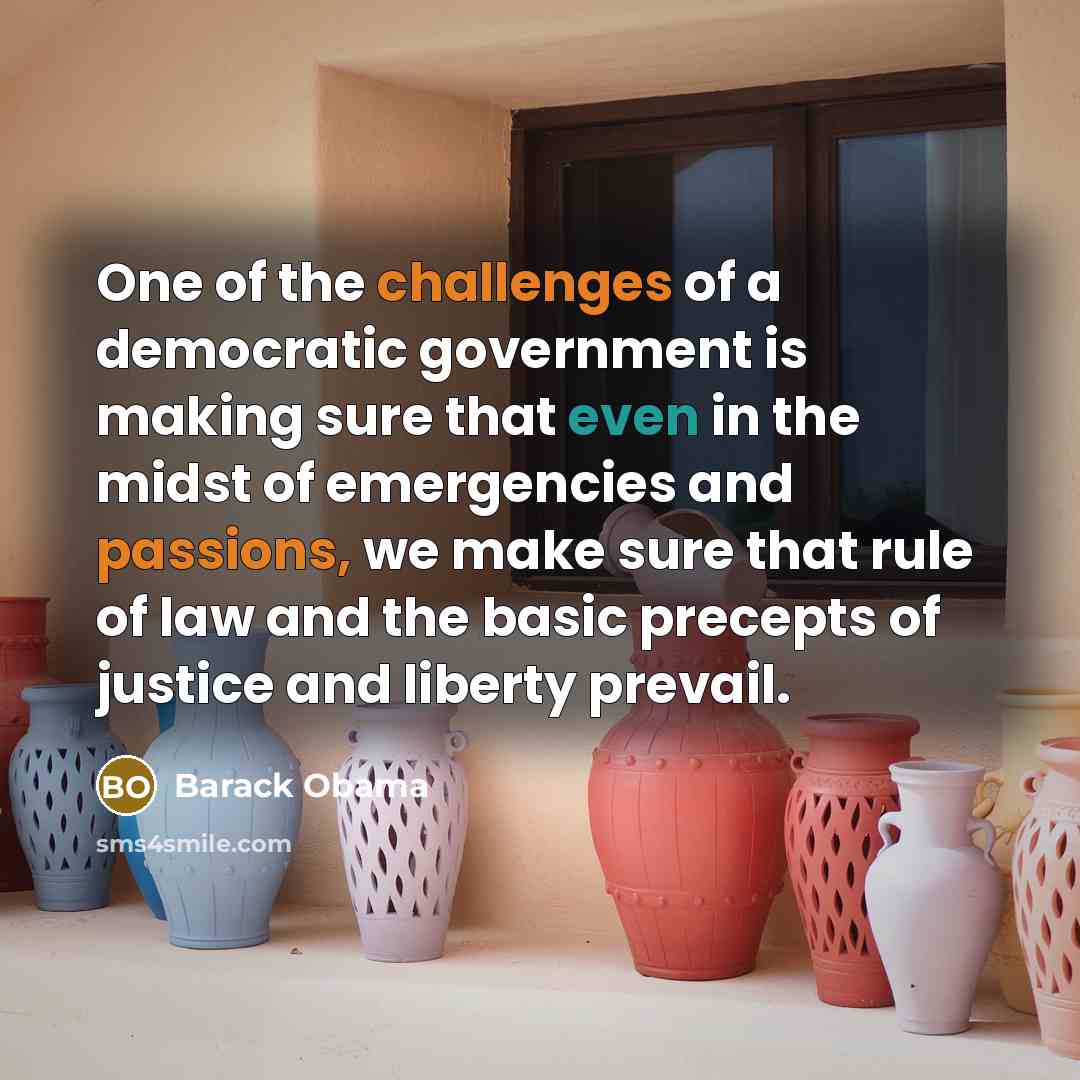 “One of the challenges of a democratic government is making sure that even in the midst of emergencies and passions, we make sure that rule of law and the basic precepts of justice and liberty prevail.” quote by Barack Obama