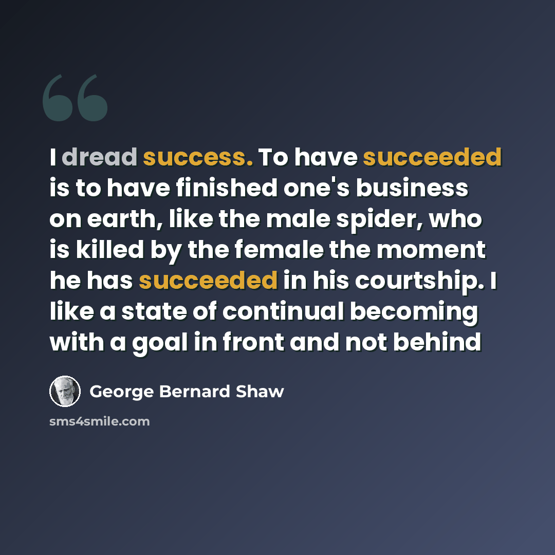“I dread success. To have succeeded is to have finished one's business on earth, like the male spider, who is killed by the female the moment he has succeeded in his courtship. I like a state of continual becoming with a goal in front and not behind” quote by George Bernard Shaw