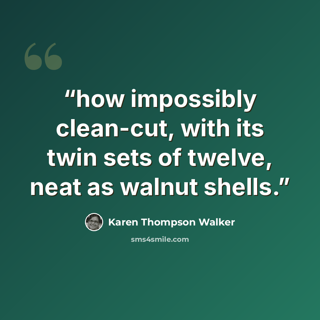 “how impossibly clean-cut, with its twin sets of twelve, neat as walnut shells.” quote by Karen Thompson Walker