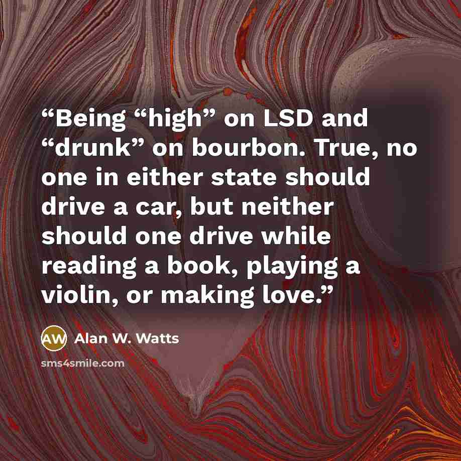 “Being “high” on LSD and “drunk” on bourbon. True, no one in either state should drive a car, but neither should one drive while reading a book, playing a violin, or making love.” quote by Alan W. Watts