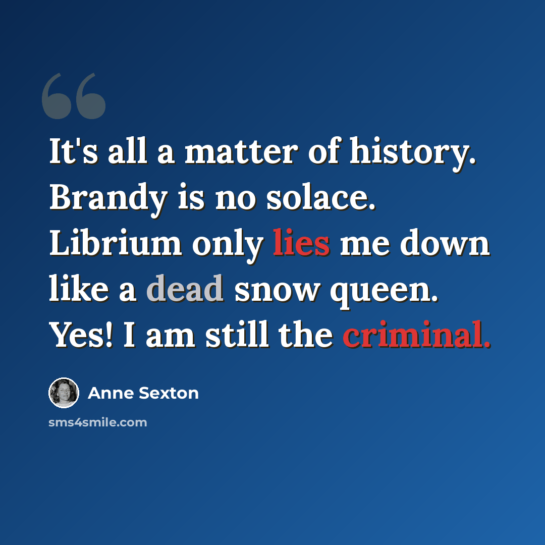 “It's all a matter of history. Brandy is no solace. Librium only lies me down like a dead snow queen. Yes! I am still the criminal.” quote by Anne Sexton