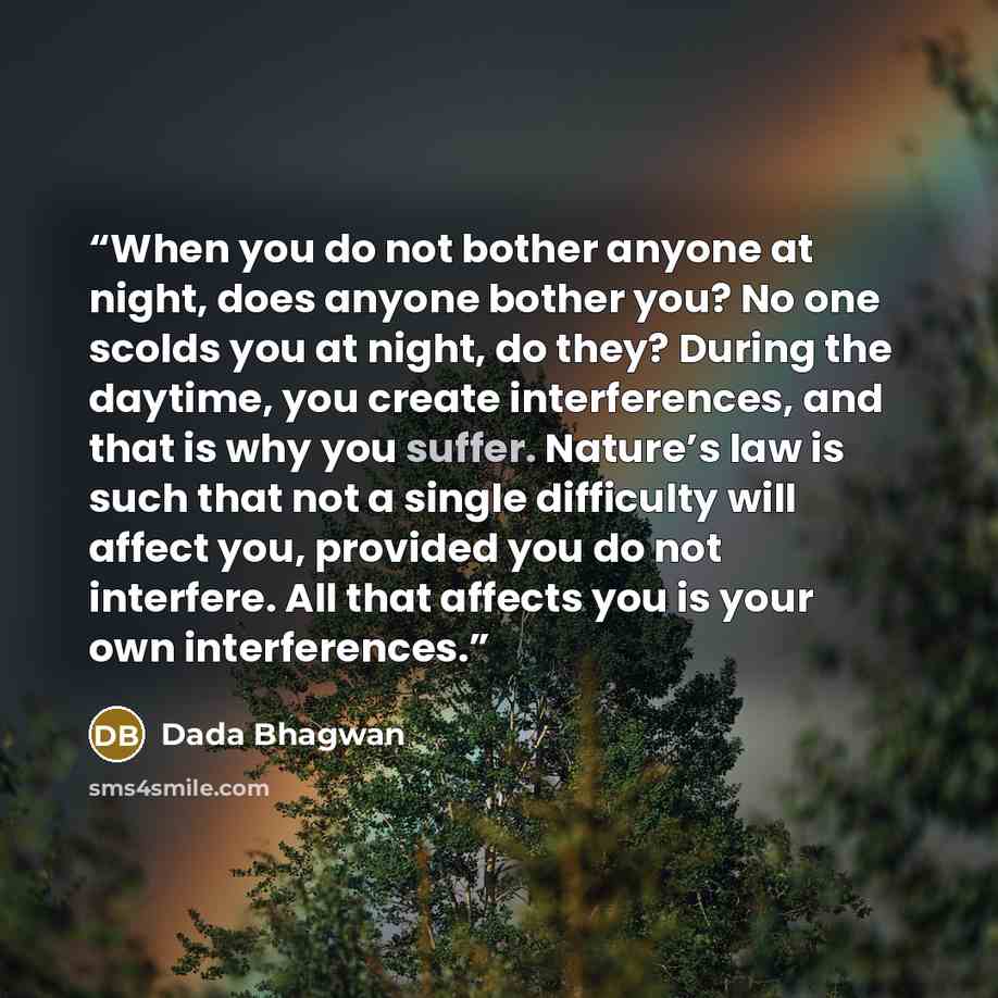 “When you do not bother anyone at night, does anyone bother you? No one scolds you at night, do they? During the daytime, you create interferences, and that is why you suffer. Nature’s law is such that not a single difficulty will affect you, provided you do not interfere. All that affects you is…” quote by Dada Bhagwan