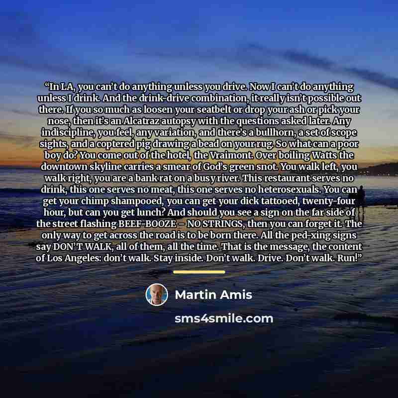 “In LA, you can’t do anything unless you drive. Now I can’t do anything unless I drink. And the drink-drive combination, it really isn’t possible out there. If you so much as loosen your seatbelt or drop your ash or pick your nose, then it’s an Alcatraz autopsy with the questions asked later. Any…” quote by Martin Amis