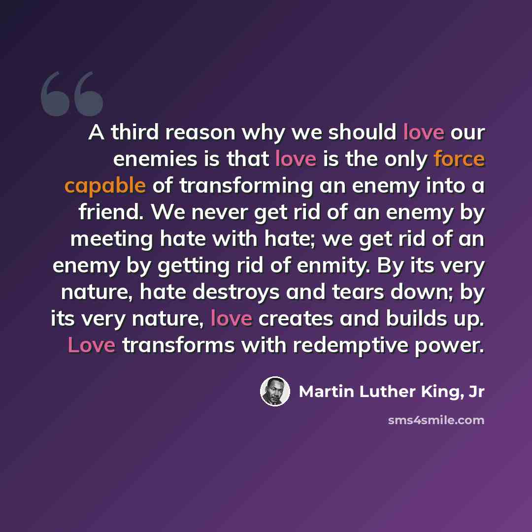 “A third reason why we should love our enemies is that love is the only force capable of transforming an enemy into a friend. We never get rid of an enemy by meeting hate with hate; we get rid of an enemy by getting rid of enmity. By its very nature, hate destroys and tears down; by its very…” quote by Martin Luther King, Jr