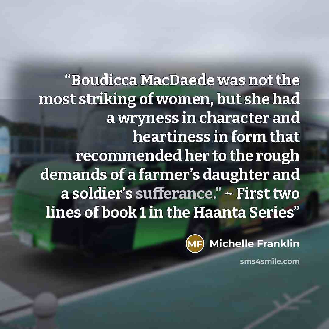 “Boudicca MacDaede was not the most striking of women, but she had a wryness in character and heartiness in form that recommended her to the rough demands of a farmer’s daughter and a soldier’s sufferance." ~ First two lines of book 1 in the Haanta Series” quote by Michelle Franklin