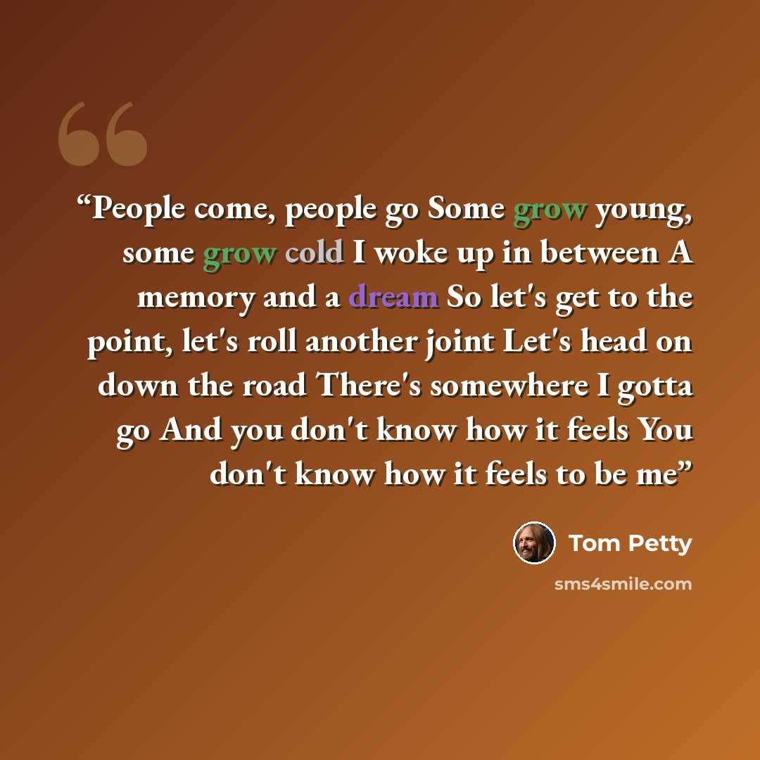 “People come, people go Some grow young, some grow cold I woke up in between A memory and a dream So let's get to the point, let's roll another joint Let's head on down the road There's somewhere I gotta go And you don't know how it feels You don't know how it feels to be me” quote by Tom Petty