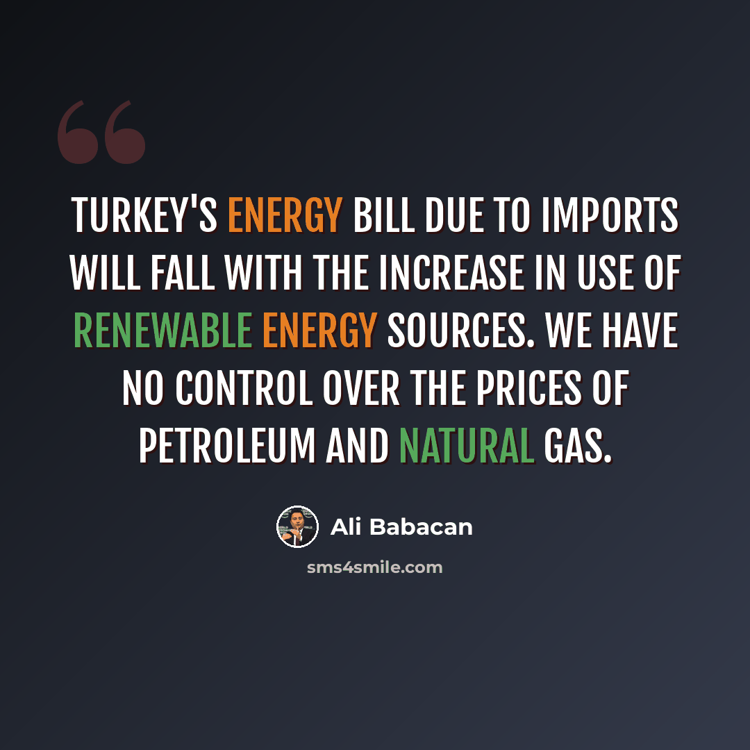 “Turkey's energy bill due to imports will fall with the increase in use of renewable energy sources. We have no control over the prices of petroleum and natural gas.” quote by Ali Babacan