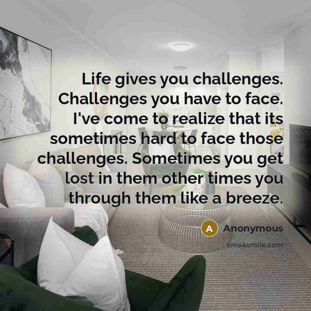 “Life gives you challenges. Challenges you have to face. I've come to realize that its sometimes hard to face those challenges. Sometimes you get lost in them other times you through them like a breeze.” quote by Anonymous