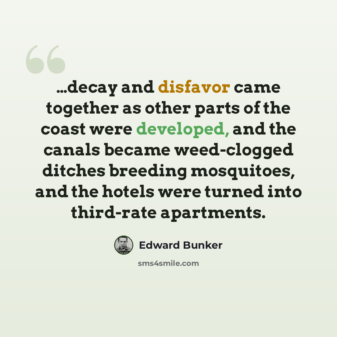 “…decay and disfavor came together as other parts of the coast were developed, and the canals became weed-clogged ditches breeding mosquitoes, and the hotels were turned into third-rate apartments.” quote by Edward Bunker