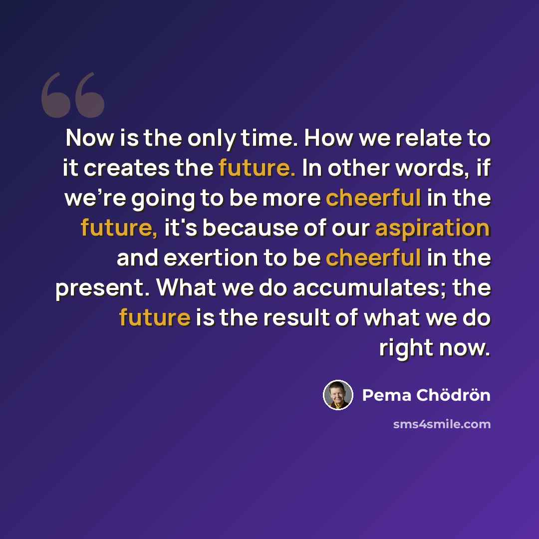 “Now is the only time. How we relate to it creates the future. In other words, if we're going to be more cheerful in the future, it's because of our aspiration and exertion to be cheerful in the present. What we do accumulates; the future is the result of what we do right now.” quote by Pema Chodron