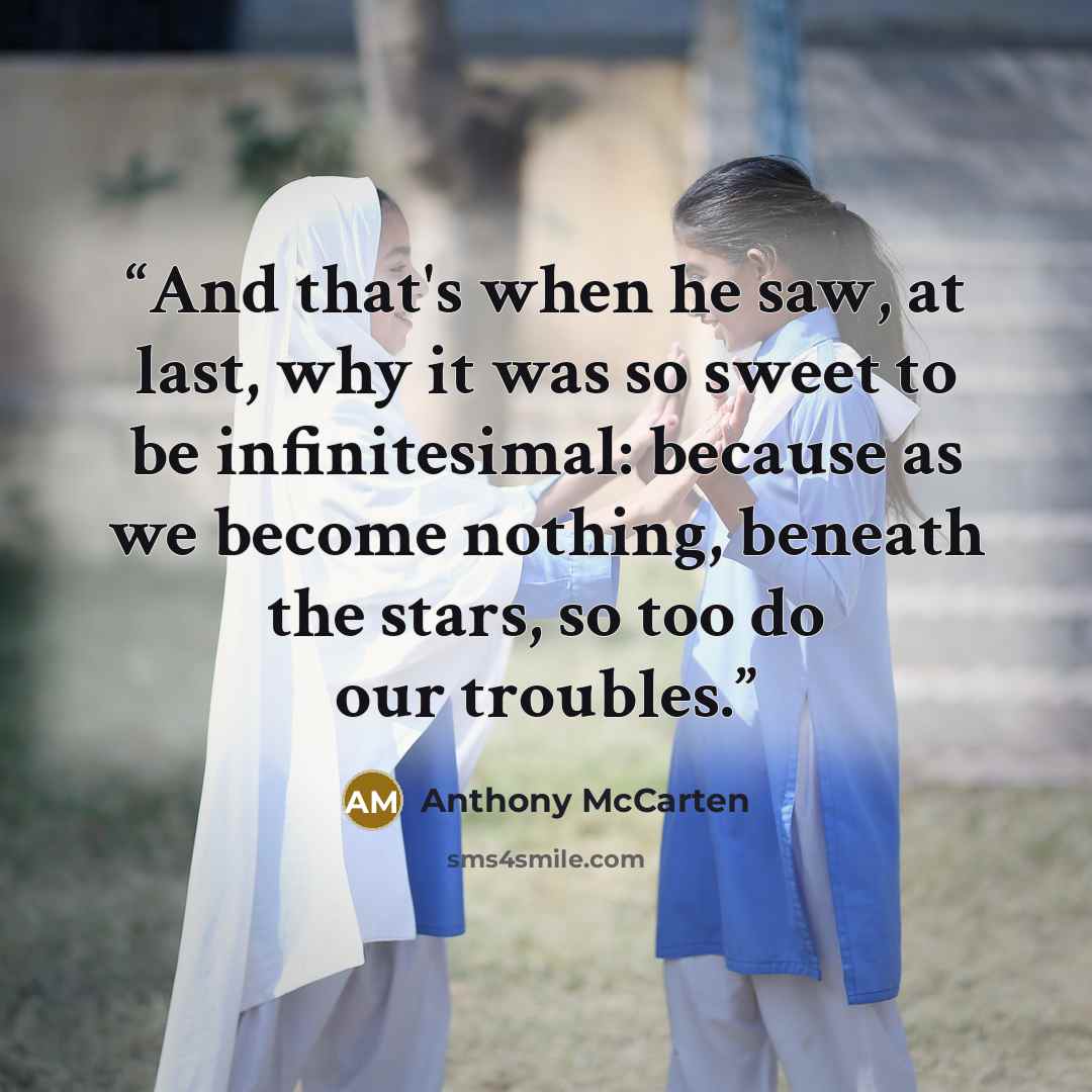 “And that's when he saw, at last, why it was so sweet to be infinitesimal: because as we become nothing, beneath the stars, so too do our troubles.” quote by Anthony McCarten