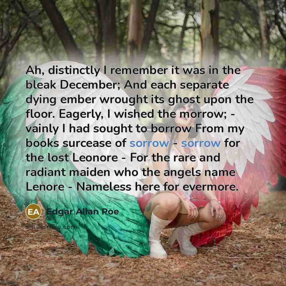 “Ah, distinctly I remember it was in the bleak December; And each separate dying ember wrought its ghost upon the floor. Eagerly, I wished the morrow; - vainly I had sought to borrow From my books surcease of sorrow - sorrow for the lost Leonore - For the rare and radiant maiden who the angels name…” quote by Edgar Allan Poe