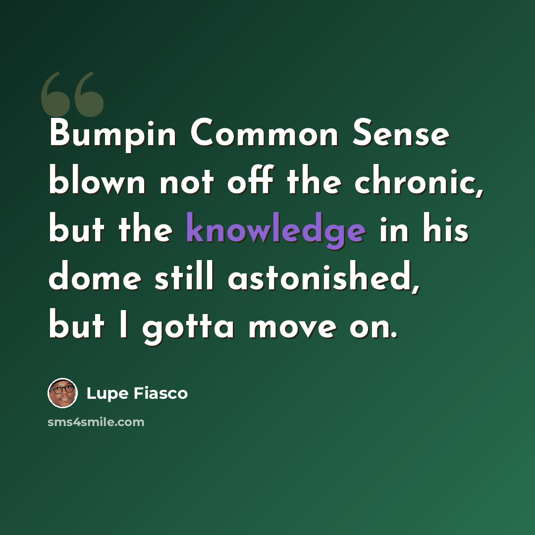 “Bumpin Common Sense blown not off the chronic, but the knowledge in his dome still astonished, but I gotta move on.” quote by Lupe Fiasco