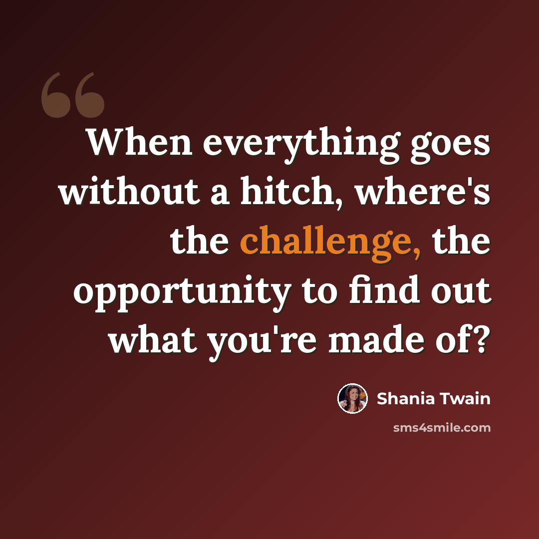 “When everything goes without a hitch, where's the challenge, the opportunity to find out what you're made of?” quote by Shania Twain