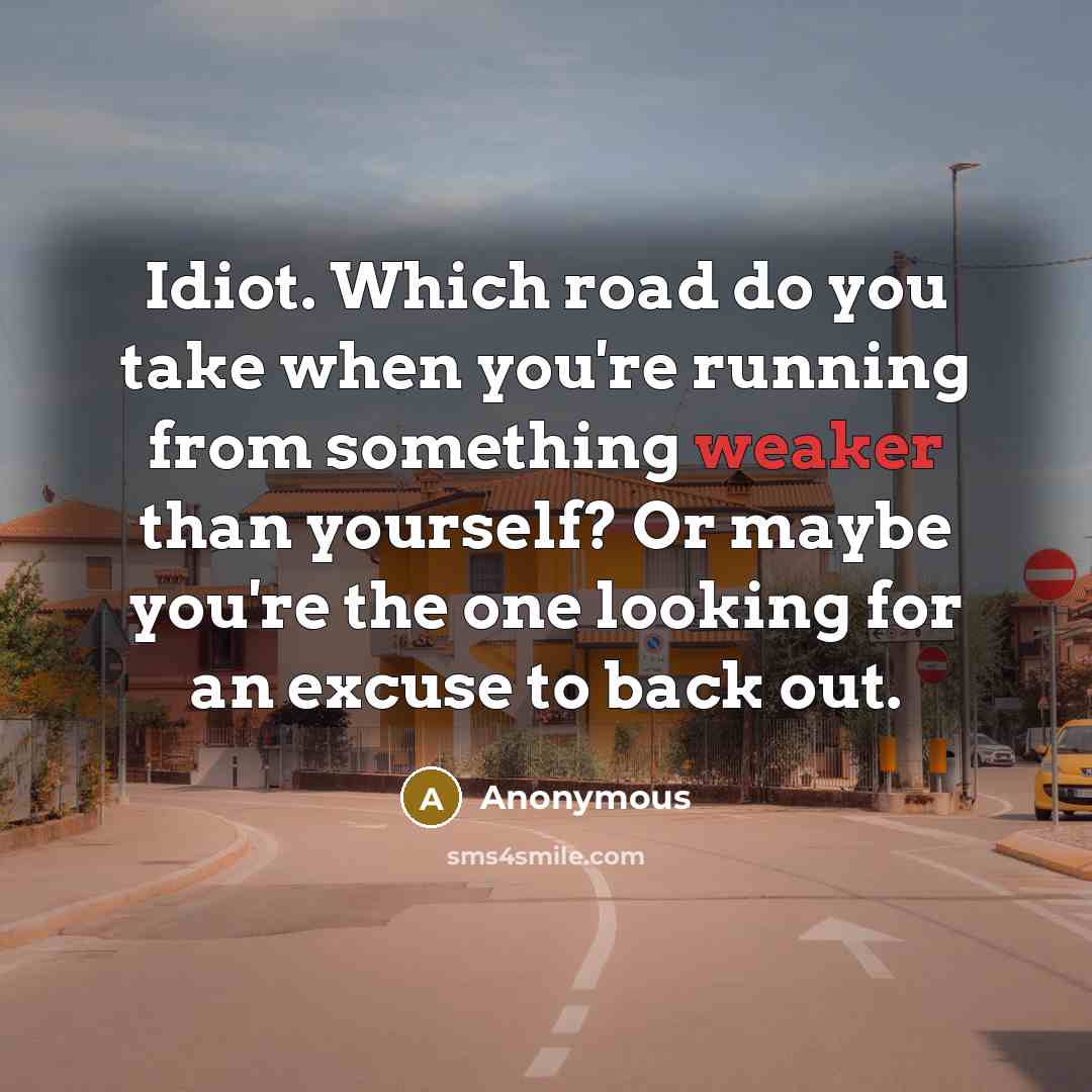 “Idiot. Which road do you take when you're running from something weaker than yourself? Or maybe you're the one looking for an excuse to back out.” quote by Anonymous