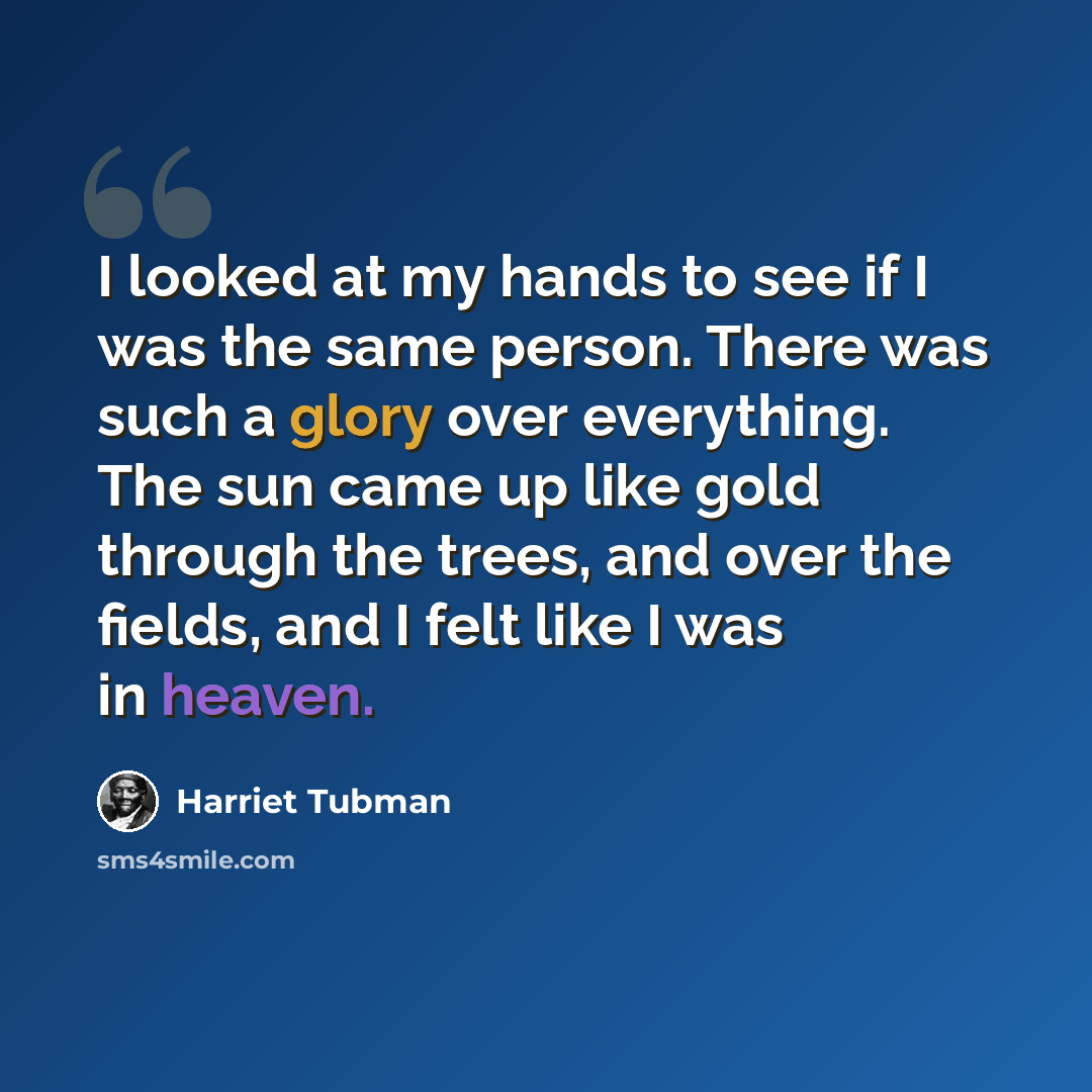 “I looked at my hands to see if I was the same person. There was such a glory over everything. The sun came up like gold through the trees, and over the fields, and I felt like I was in heaven.” quote by Harriet Tubman