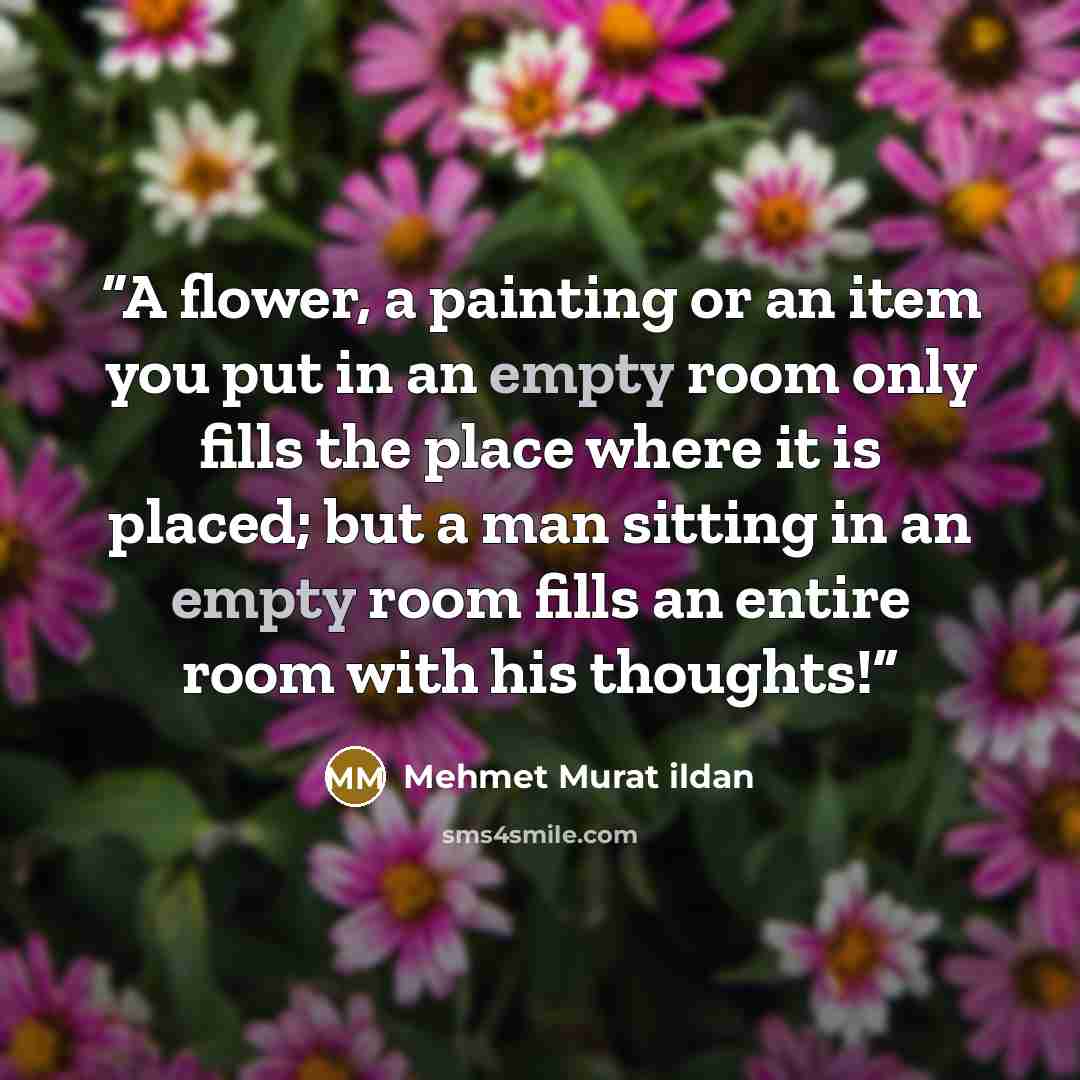 “A flower, a painting or an item you put in an empty room only fills the place where it is placed; but a man sitting in an empty room fills an entire room with his thoughts!” quote by Mehmet Murat ildan