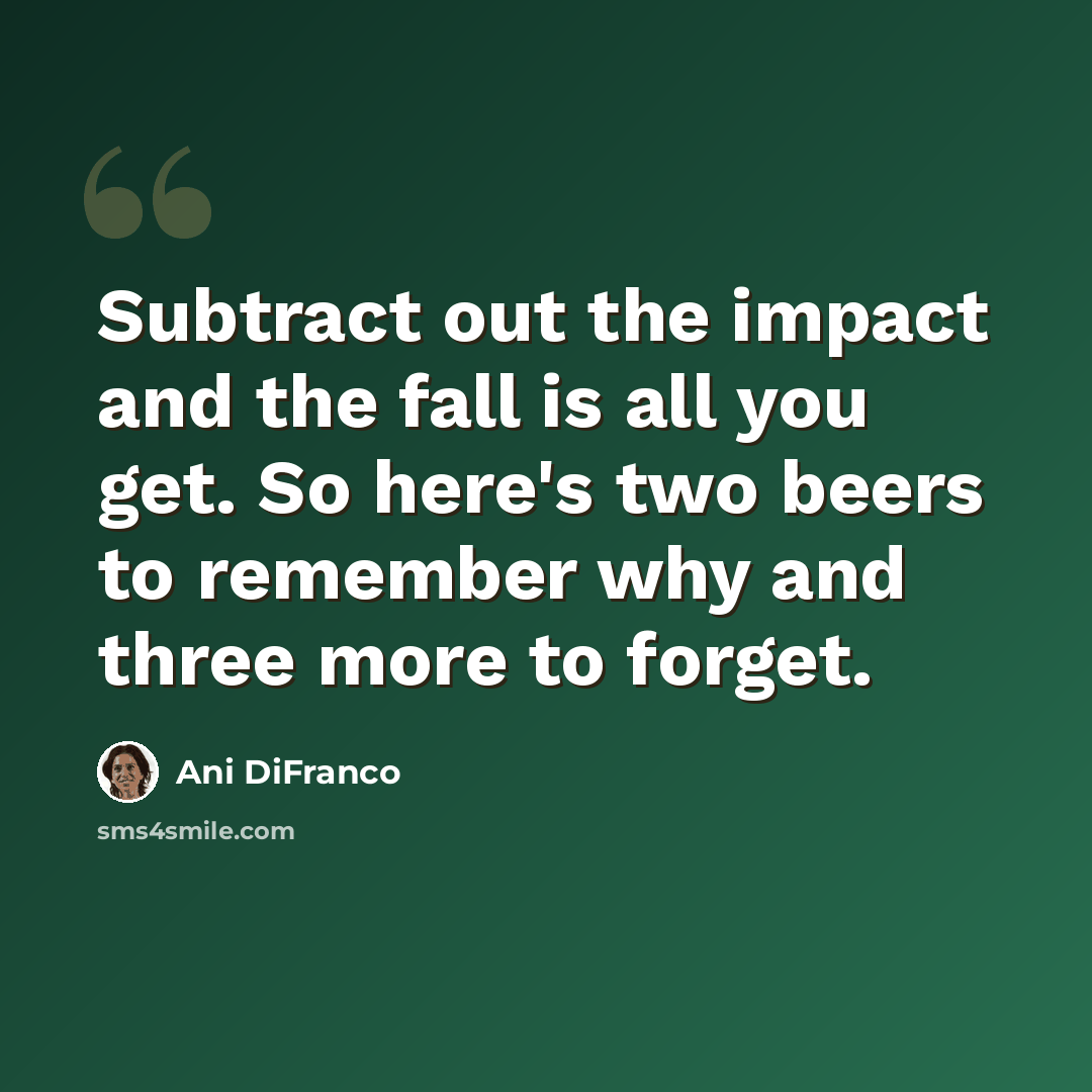 “Subtract out the impact and the fall is all you get. So here's two beers to remember why and three more to forget.” quote by Ani DiFranco