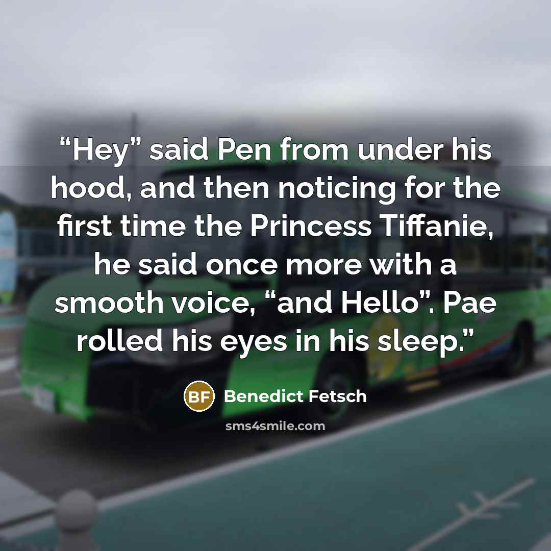 “Hey” said Pen from under his hood, and then noticing for the first time the Princess Tiffanie, he said once more with a smooth voice, “and Hello”. Pae rolled his eyes in his sleep.” quote by Benedict Fetsch