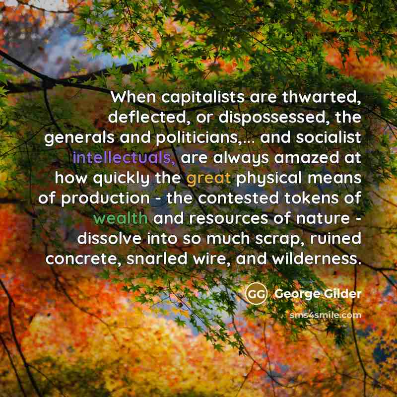 “When capitalists are thwarted, deflected, or dispossessed, the generals and politicians,... and socialist intellectuals, are always amazed at how quickly the great physical means of production - the contested tokens of wealth and resources of nature - dissolve into so much scrap, ruined concrete…” quote by George Gilder