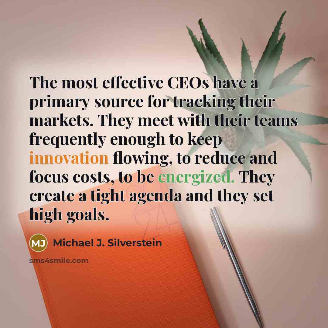 “The most effective CEOs have a primary source for tracking their markets. They meet with their teams frequently enough to keep innovation flowing, to reduce and focus costs, to be energized. They create a tight agenda and they set high goals.” quote by Michael J. Silverstein