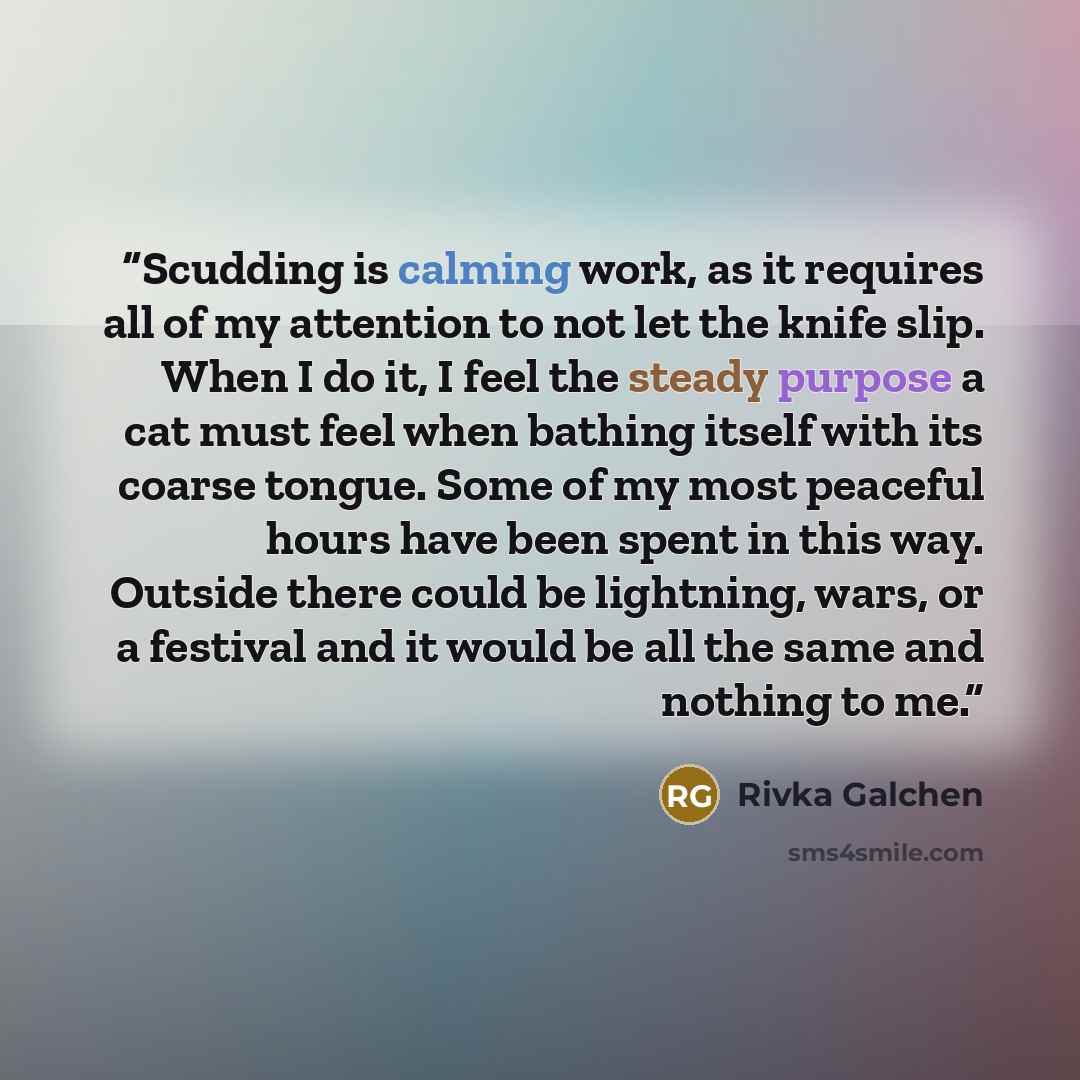 “Scudding is calming work, as it requires all of my attention to not let the knife slip. When I do it, I feel the steady purpose a cat must feel when bathing itself with its coarse tongue. Some of my most peaceful hours have been spent in this way. Outside there could be lightning, wars, or a…” quote by Rivka Galchen