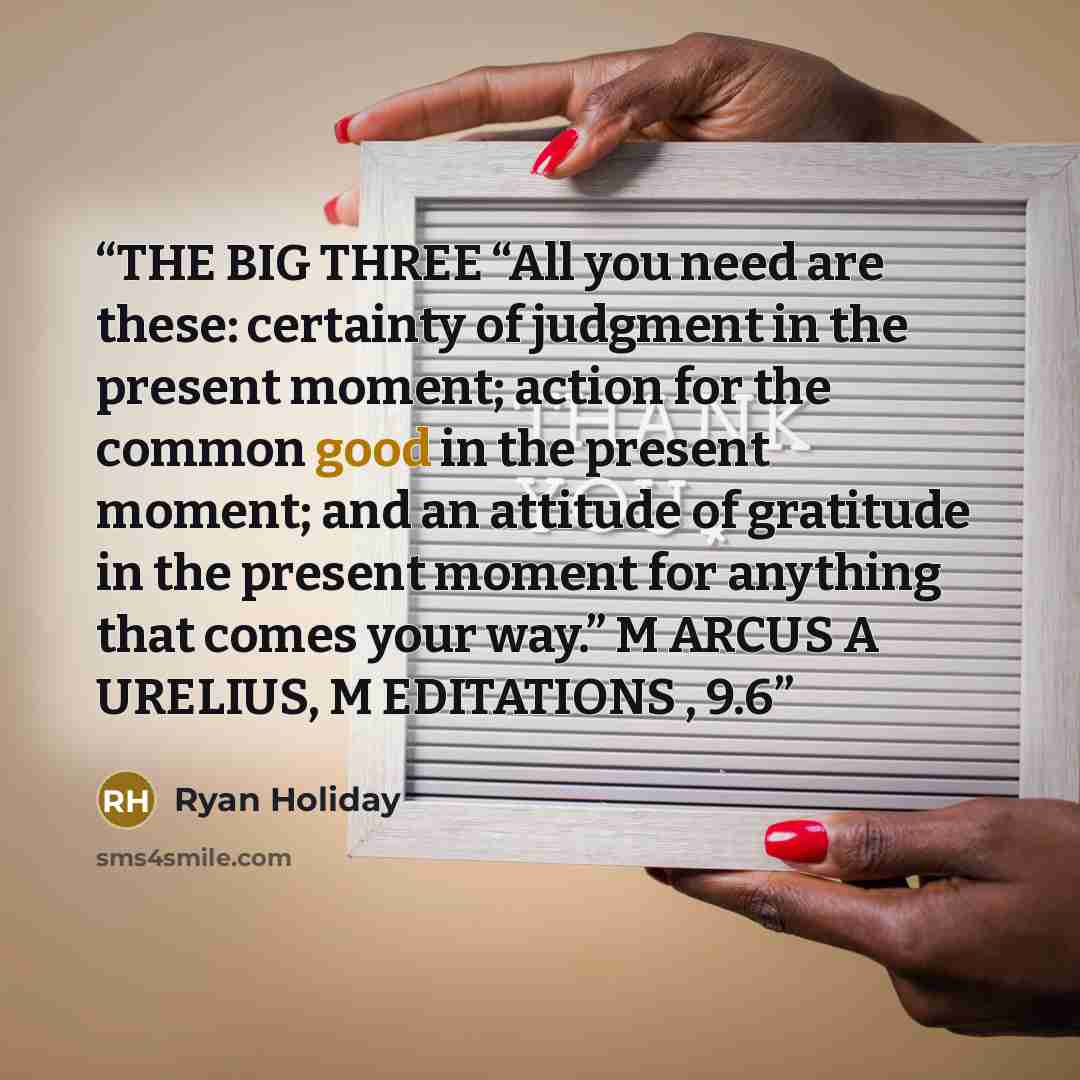 “THE BIG THREE “All you need are these: certainty of judgment in the present moment; action for the common good in the present moment; and an attitude of gratitude in the present moment for anything that comes your way.” M ARCUS A URELIUS, M EDITATIONS , 9.6” quote by Ryan Holiday
