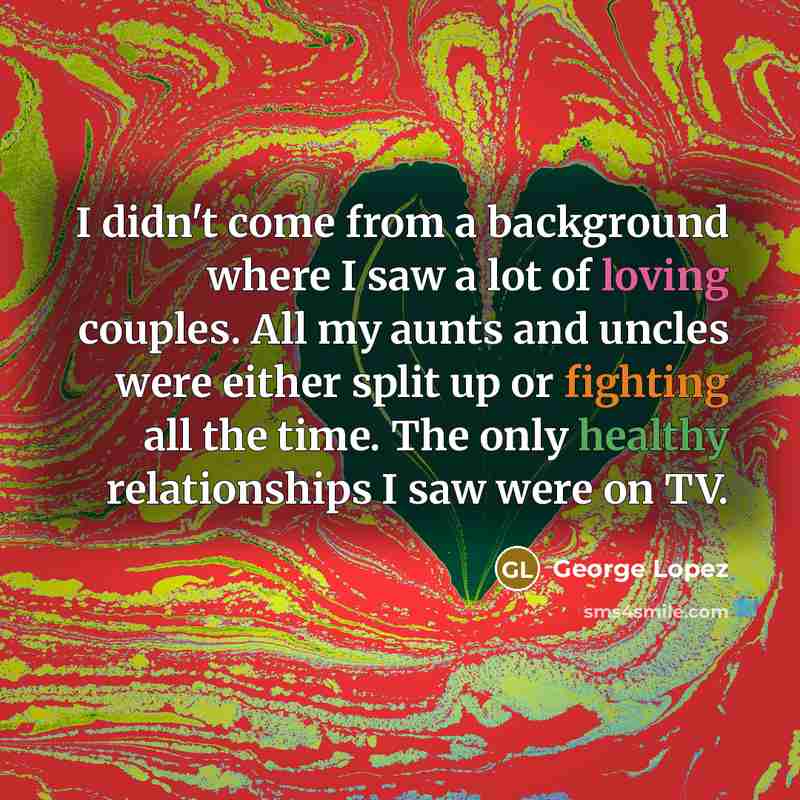 “I didn't come from a background where I saw a lot of loving couples. All my aunts and uncles were either split up or fighting all the time. The only healthy relationships I saw were on TV.” quote by George Lopez