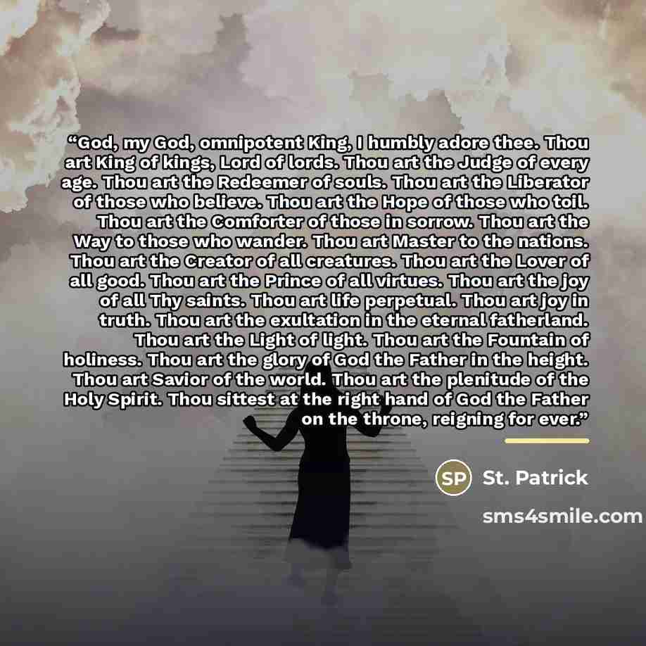 “God, my God, omnipotent King, I humbly adore thee. Thou art King of kings, Lord of lords. Thou art the Judge of every age. Thou art the Redeemer of souls. Thou art the Liberator of those who believe. Thou art the Hope of those who toil. Thou art the Comforter of those in sorrow. Thou art the Way…” quote by St. Patrick