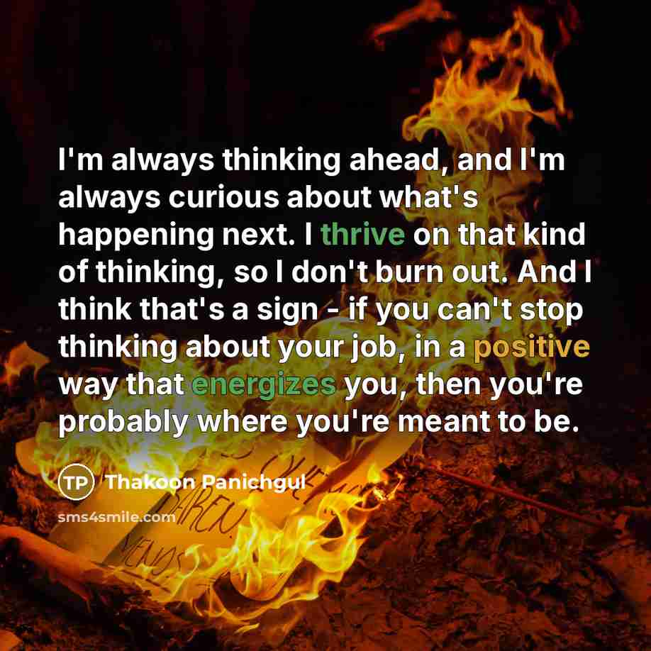 “I'm always thinking ahead, and I'm always curious about what's happening next. I thrive on that kind of thinking, so I don't burn out. And I think that's a sign - if you can't stop thinking about your job, in a positive way that energizes you, then you're probably where you're meant to be.” quote by Thakoon Panichgul