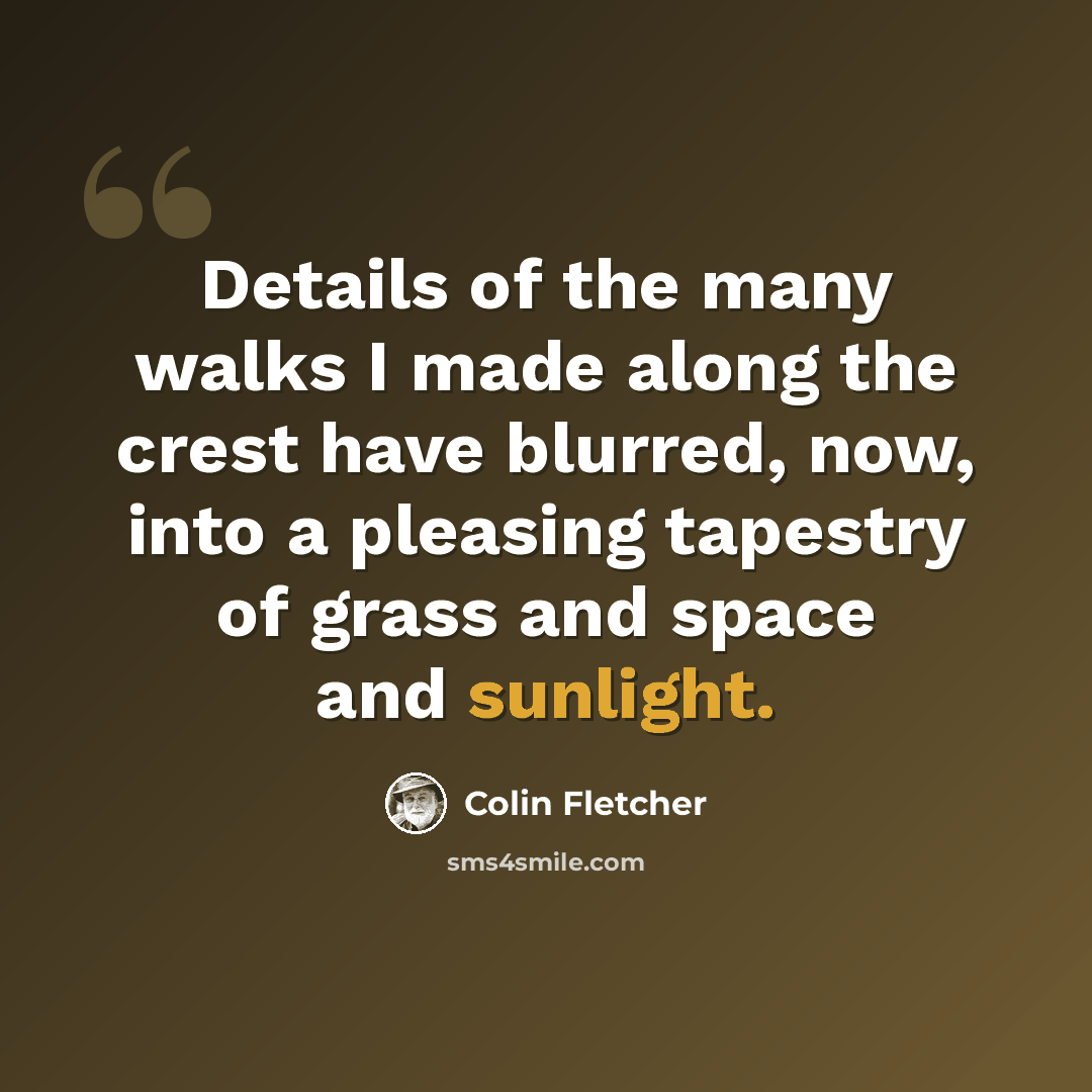 “Details of the many walks I made along the crest have blurred, now, into a pleasing tapestry of grass and space and sunlight.” quote by Colin Fletcher