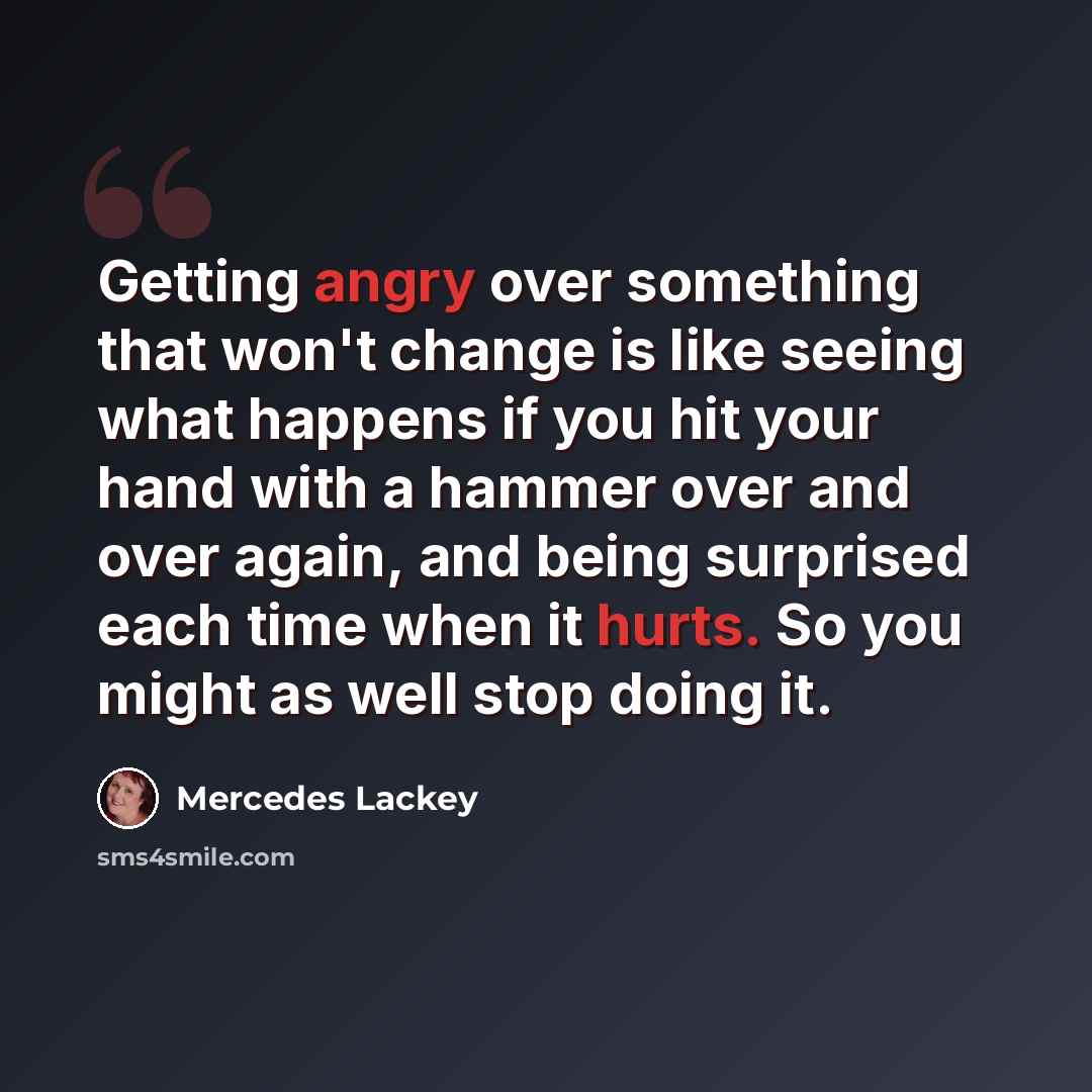 “Getting angry over something that won't change is like seeing what happens if you hit your hand with a hammer over and over again, and being surprised each time when it hurts. So you might as well stop doing it.” quote by Mercedes Lackey