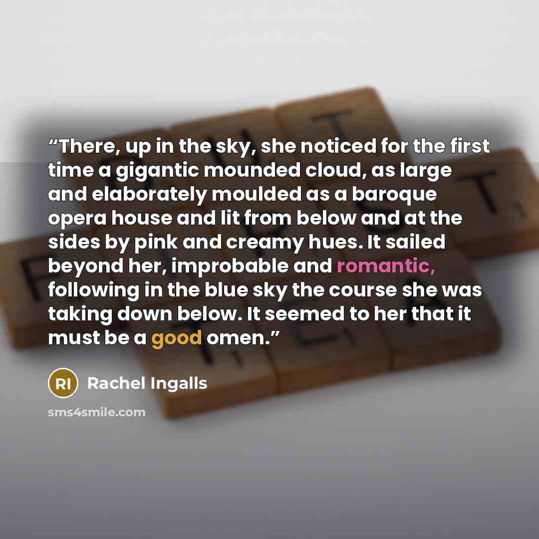 “There, up in the sky, she noticed for the first time a gigantic mounded cloud, as large and elaborately moulded as a baroque opera house and lit from below and at the sides by pink and creamy hues. It sailed beyond her, improbable and romantic, following in the blue sky the course she was taking…” quote by Rachel Ingalls