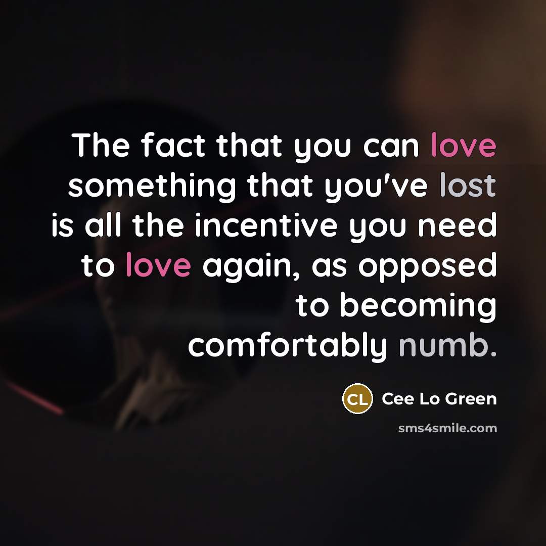 “The fact that you can love something that you've lost is all the incentive you need to love again, as opposed to becoming comfortably numb.” quote by Cee Lo Green