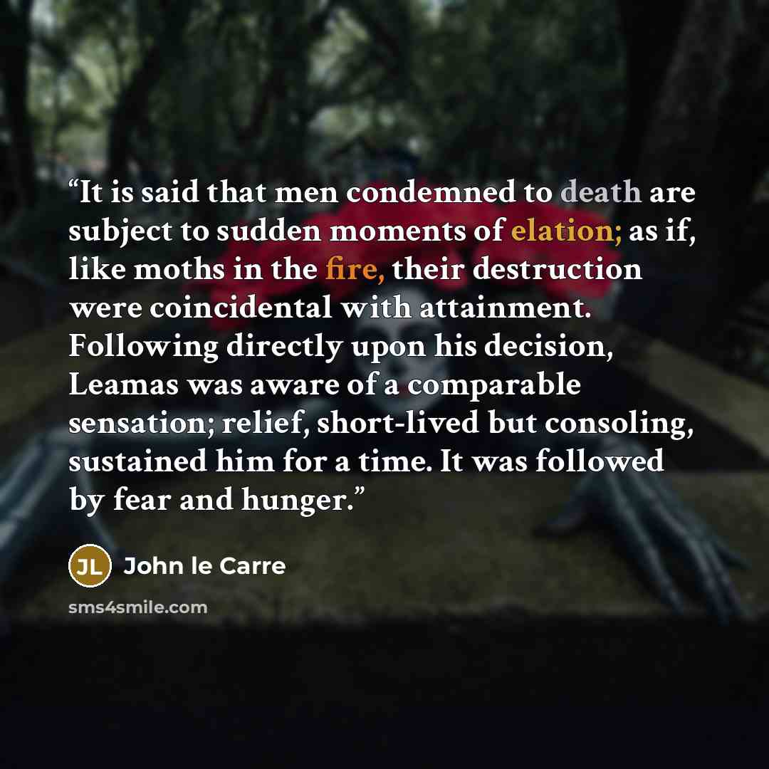 “It is said that men condemned to death are subject to sudden moments of elation; as if, like moths in the fire, their destruction were coincidental with attainment. Following directly upon his decision, Leamas was aware of a comparable sensation; relief, short-lived but consoling, sustained him…” quote by John le Carré