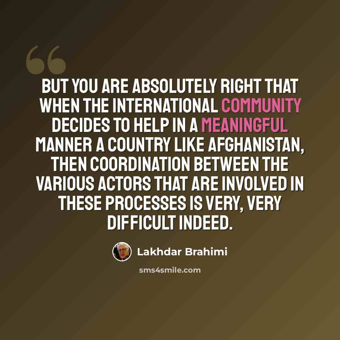 “But you are absolutely right that when the international community decides to help in a meaningful manner a country like Afghanistan, then coordination between the various actors that are involved in these processes is very, very difficult indeed.” quote by Lakhdar Brahimi