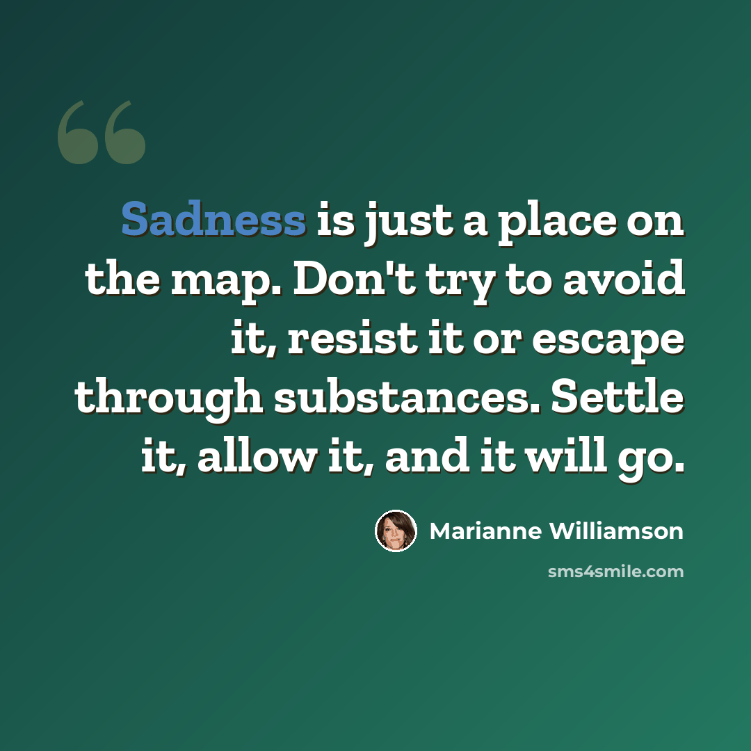“Sadness is just a place on the map. Don't try to avoid it, resist it or escape through substances. Settle it, allow it, and it will go.” quote by Marianne Williamson