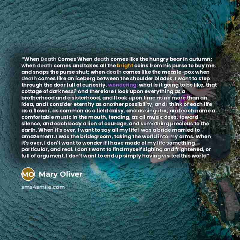 “When Death Comes When death comes like the hungry bear in autumn; when death comes and takes all the bright coins from his purse to buy me, and snaps the purse shut; when death comes like the measle-pox when death comes like an iceberg between the shoulder blades, I want to step through the door…” quote by Mary Oliver