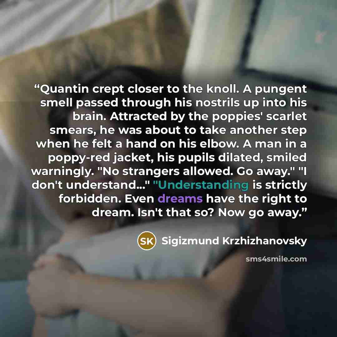 “Quantin crept closer to the knoll. A pungent smell passed through his nostrils up into his brain. Attracted by the poppies' scarlet smears, he was about to take another step when he felt a hand on his elbow. A man in a poppy-red jacket, his pupils dilated, smiled warningly. "No strangers allowed…” quote by Sigizmund Krzhizhanovsky