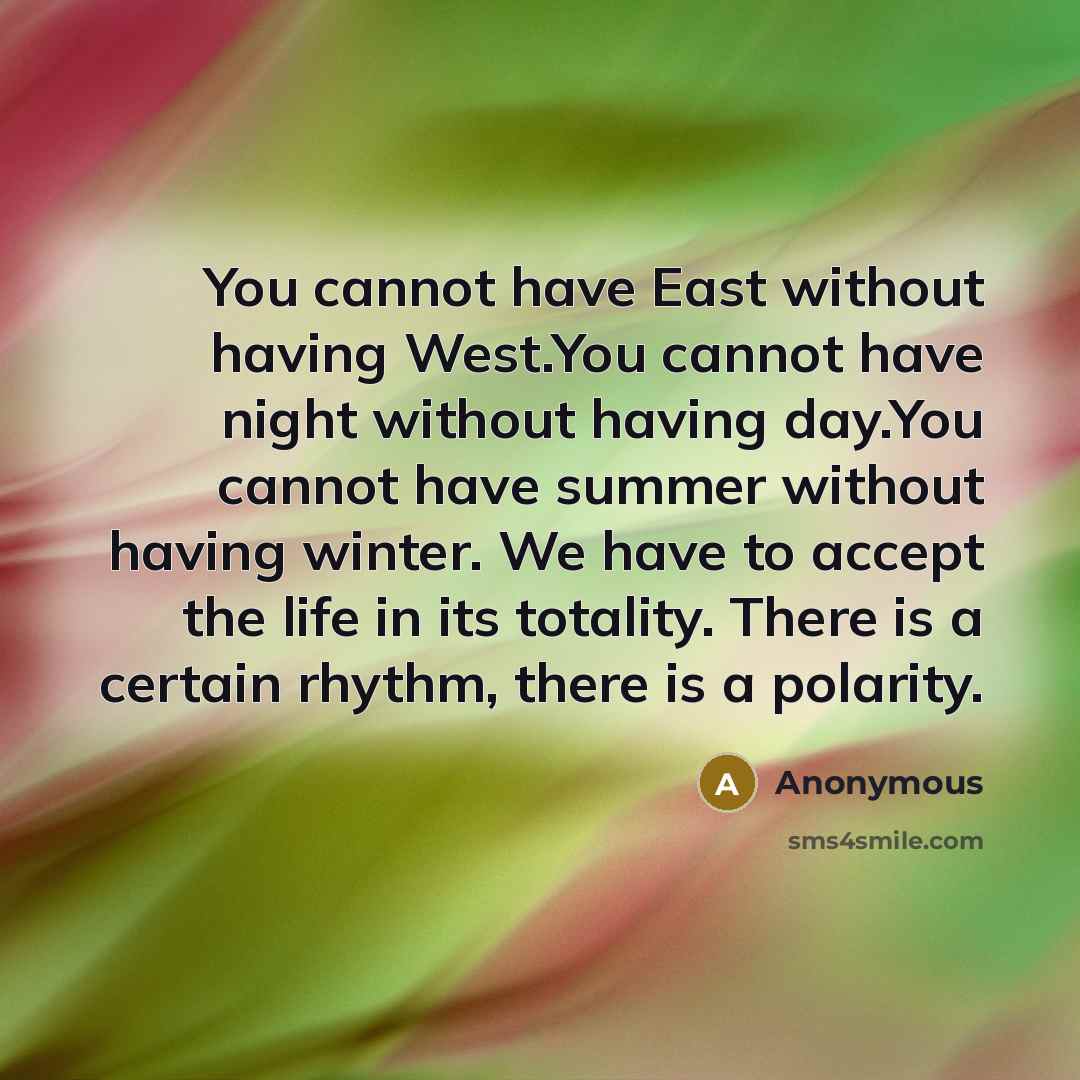 “You cannot have East without having West.You cannot have night without having day.You cannot have summer without having winter. We have to accept the life in its totality. There is a certain rhythm, there is a polarity.” quote by Anonymous
