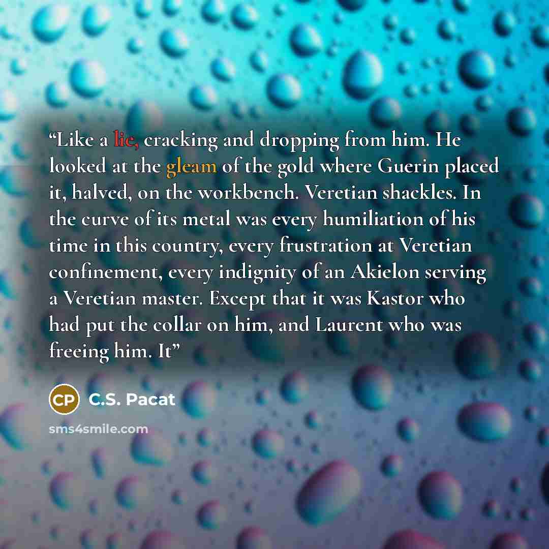 “Like a lie, cracking and dropping from him. He looked at the gleam of the gold where Guerin placed it, halved, on the workbench. Veretian shackles. In the curve of its metal was every humiliation of his time in this country, every frustration at Veretian confinement, every indignity of an Akielon…” quote by C.S. Pacat